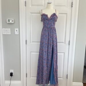 SAULEE Florence SILK Chiffon Sweetheart Floral Ruffle High Slit Maxi Dress Size4